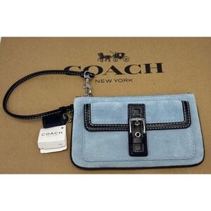 Coach Suede Leather Hampton Large Wristlet Bag Silver Blue Navy F40789 NWT READ